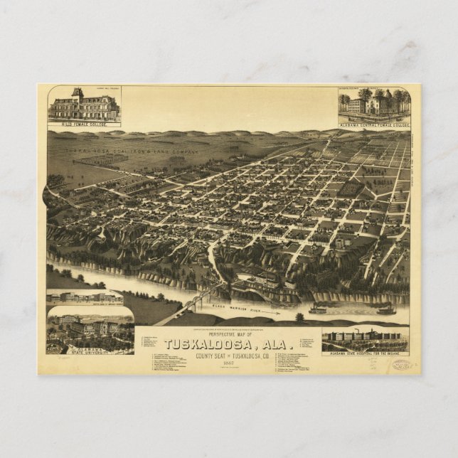 Perspektiv Karta i Tuskaloosa Alabama (1887) Vykort (Framsida)