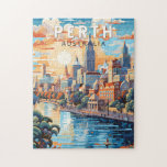 Perth Australia Travel Art Vintage Pussel<br><div class="desc">Perth-retro-vektorns färdedesign. Perth,  huvudstad i Westerna Australien,  ligger där Svan-floden möter sydvästra kusten.</div>