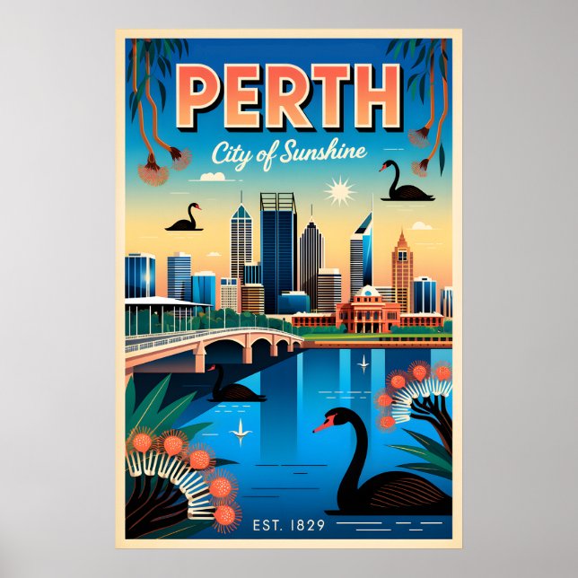 Perth Australien Retro Resemalmanposter Konst Poster (Framsidan)