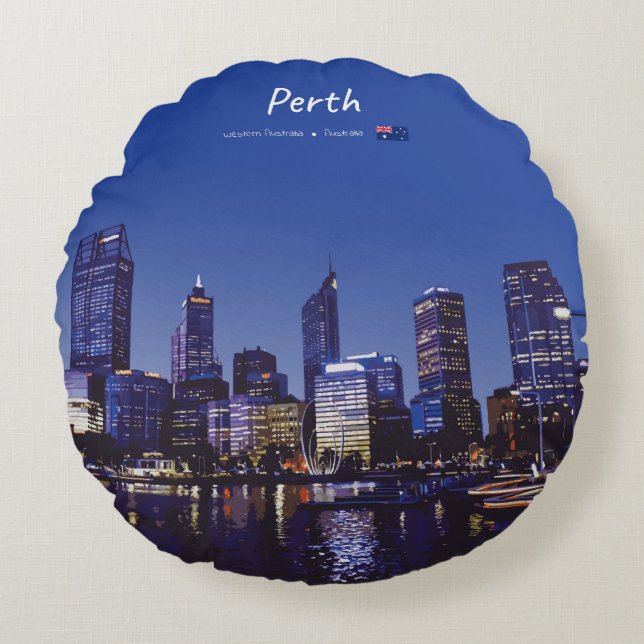 Perth, Australien - Stadssilhuett Natt Rund Kudde (Framsidan)