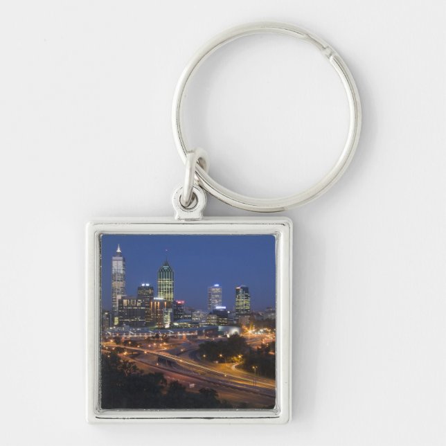 Perth, Australien. Utsikt över centrala Perth från Fyrkantig Silverfärgad Nyckelring (Framsidan)