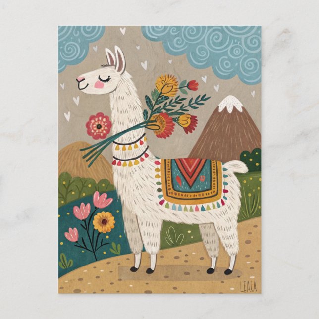 Peru alpaca med blommor folkkonst vykort (Framsida)