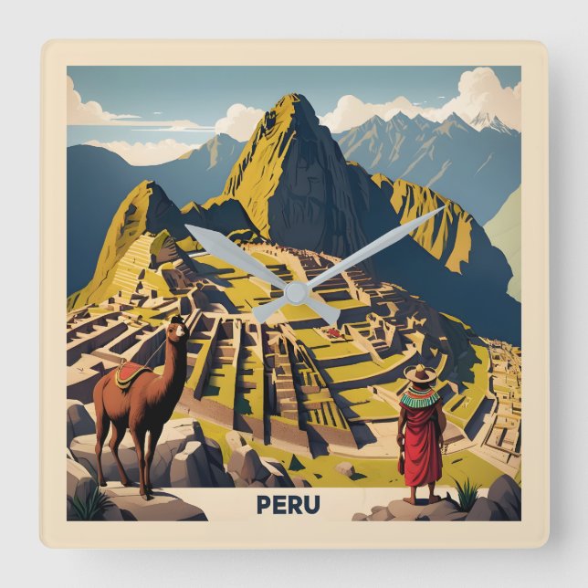 Peru Machu Picchu Fyrkantig Klocka (Framsida)