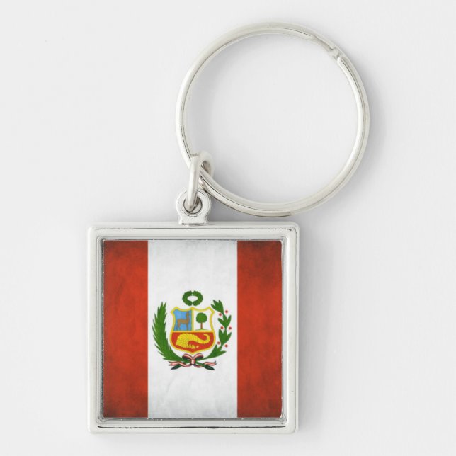 Peru National Flagga Fyrkantig Silverfärgad Nyckelring (Framsidan)