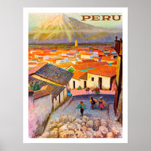 Peru, stads tak under berget, vintage poster