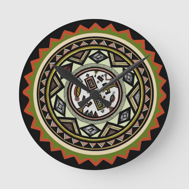 Peruanska Inca Wall Clock - Inca Tribal Wall Clock Rund Klocka (Framsida)