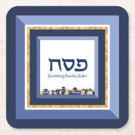 Pesach Seder Jerusalem Blå Guld Hebreiska  Underlägg Papper Kvadrat