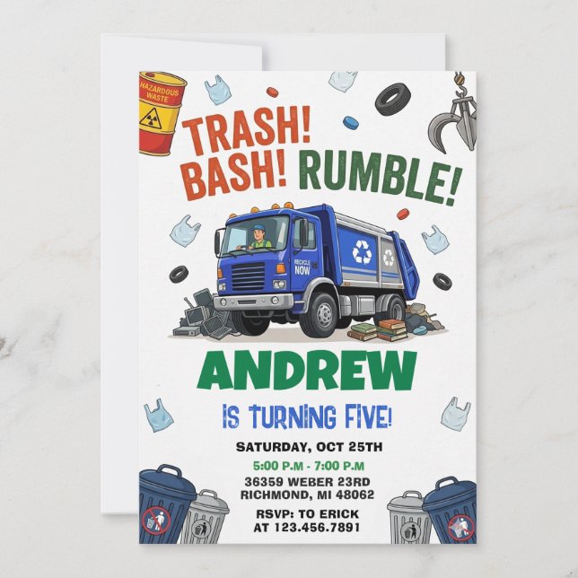 Pesonal Dump Everything Trash Truck Birthday party Inbjudningar (Framsida)