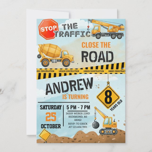 Pesonal Modern Construction Birthday Extravaganza Inbjudningar (Framsida)