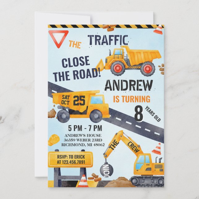 Pesonal Modern Construction Birthday With Photo Inbjudningar (Framsida)