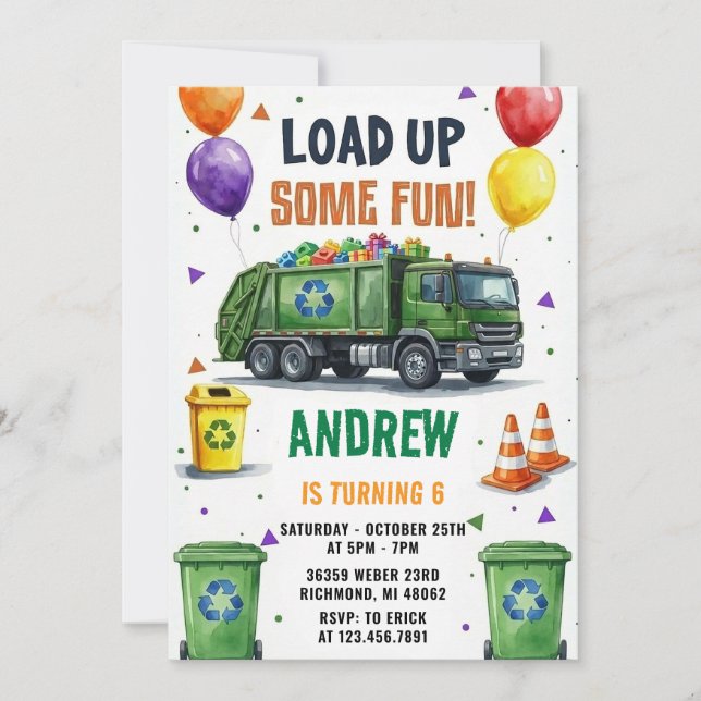 Pesonal Trash Truck Recycling Birthday Bash Inbjudningar (Framsida)