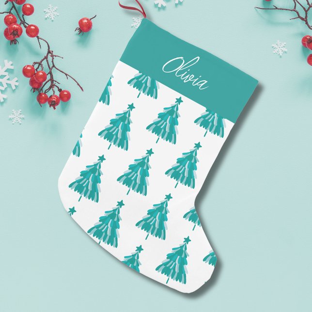 Pesonalized Grönt Winter Forest Julgran Liten Julstrumpa (Festive Christmas Tree winter woodland Christmas Stocking with personalized name)