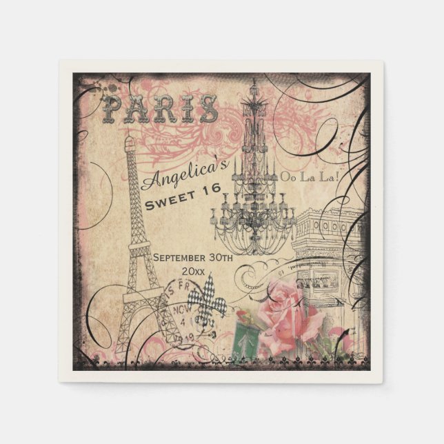 Pesonalized Sweet 16 Eiffel Torn och Chandelier Pappersservett (Framsidan)