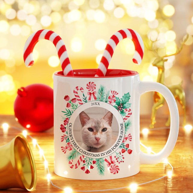 Pet 2-foto-vattenfärg Röd och Grönt-lök Två-Tonad Mugg (First Christmas Forever Home Cat Pet + Watercolor Two-Tone Coffee Mug)