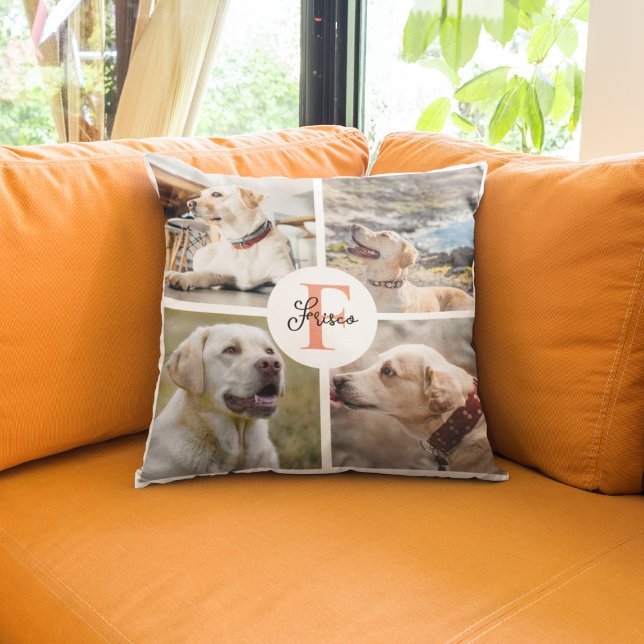 Pet 4 Photo Collage Namn Hund Monogram Kudde (Skapare uppladdad)