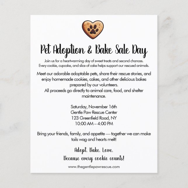 Pet Adoption Bake Sale Fundraiser Flygblad (Framsidan)