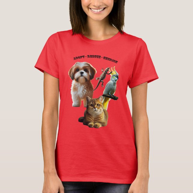 Pet Adoption med Hund, katt, fågel och ödla uran T Shirt (Framsida)