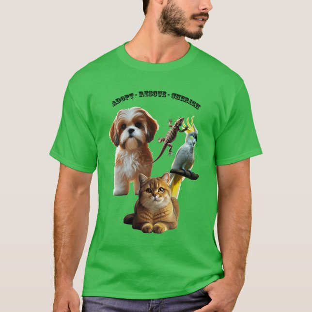 Pet Adoption med Hund, katt, fågel och ödla uran T Shirt (Framsida)