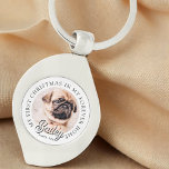 Pet är min första jul i hemmet Modern Swirl Silverfärgad Nyckelring<br><div class="desc">Design består av modern typografi med sans serif- och serif-teckensnitt. Lägg till ett foto med anpassningsbar av adopterat sällskapsdjur och år.</div>