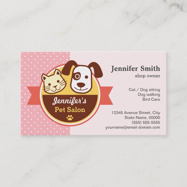 Pet Beauty Salon - Rosa Polka dots Visitkort (Framsida)
