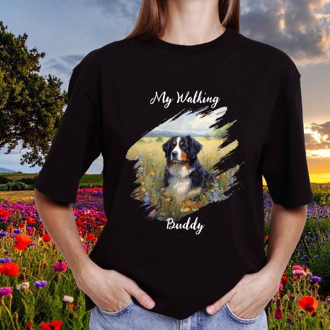 Pet Bernese Walking Buddy Black Personalize T Shirt (Elegant Bernese Mountain Dog shirt, personalize, edit the wording)