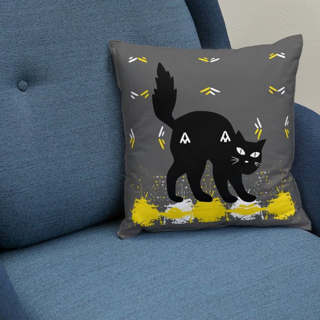 Pet Black Cat på Grått White Gult Cute Modern Kudde (Skapare uppladdad)