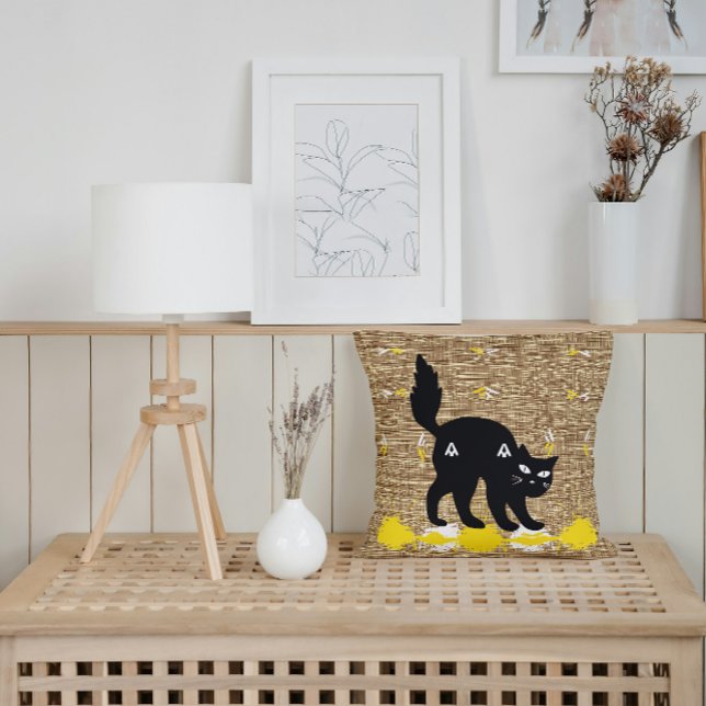 Pet Black Cat på vit Gult Cute Modern Burlap Kudde (Skapare uppladdad)