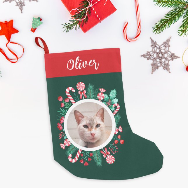 Pet Cat eller Hund Vattenfärg Utandning och foto Liten Julstrumpa (Pet Cat or Dog Watercolor Wreath and Photo Small Christmas Stocking)