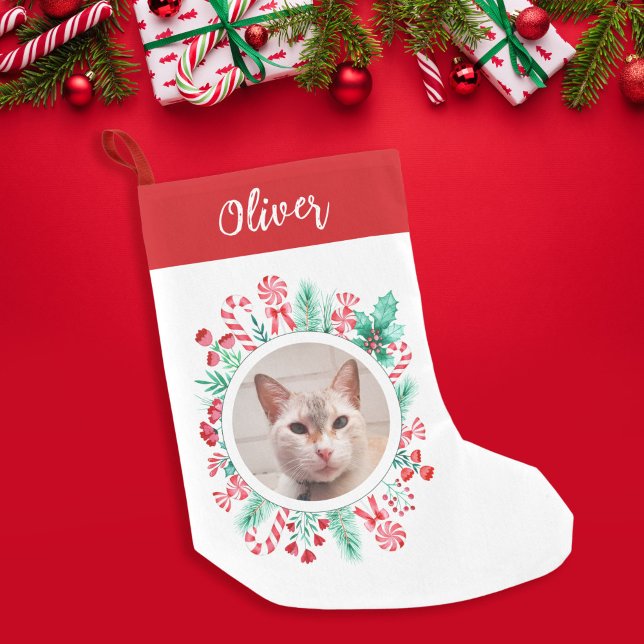 Pet Cat eller Hund Vattenfärg Utandning och foto Liten Julstrumpa (Pet Cat or Dog Watercolor Wreath and Photo Small Christmas Stocking)