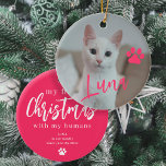Pet cat-foto namn tass Första jul-anpassningsbarna Julgransprydnad Keramik<br><div class="desc">Ladda upp ditt favoritfoto (helst fyrkantigt),  sätt i texten och gör det här trendiget modernt och lägg till ditt namn-skript Julgran-prydnadsföremål som en keepsaké för att påminna dig om din första jul med din vackra kattunge!</div>