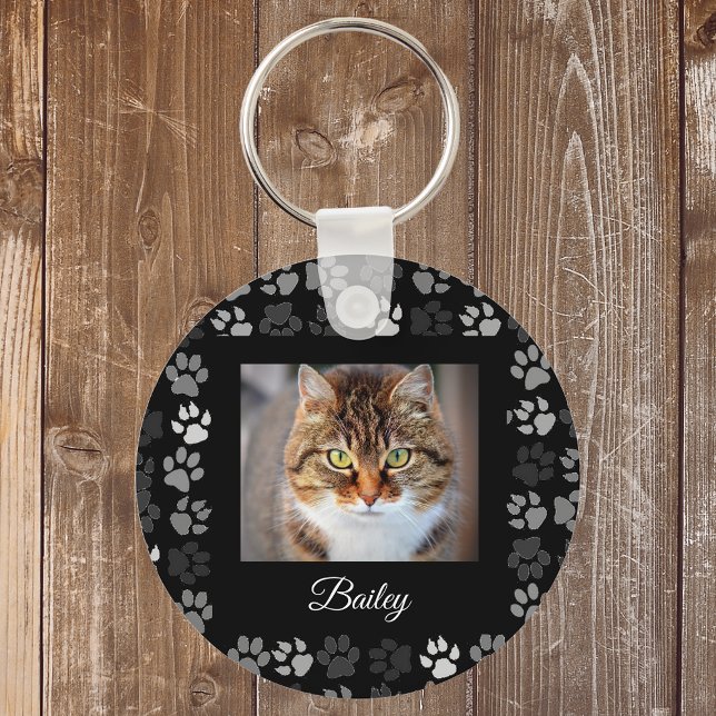 Pet Cat Hund Tass avtryck Black Photo Anpassningsb Nyckelring (Skapare uppladdad)