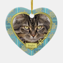 Pet Cat Memorial Blue Guld Heart Photo jul Julgransprydnad Keramik