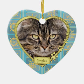 Pet Cat Memorial Blue Guld Heart Photo jul Julgransprydnad Keramik
