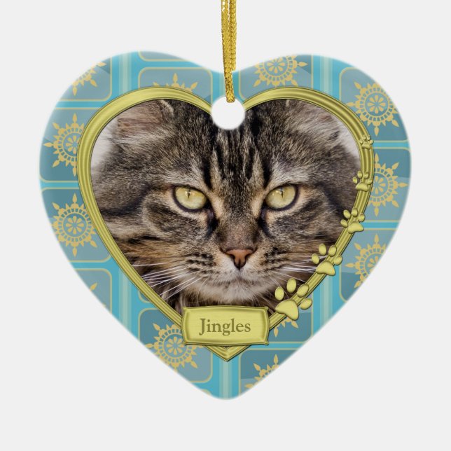 Pet Cat Memorial Blue Guld Heart Photo jul Julgransprydnad Keramik (Framsidan)