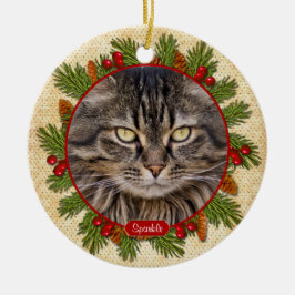 Pet Cat Memorial Gräs Boughs Holly Photo jul Julgransprydnad Keramik