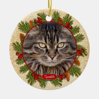 Pet Cat Memorial Gräs Boughs Holly Photo jul Julgransprydnad Keramik