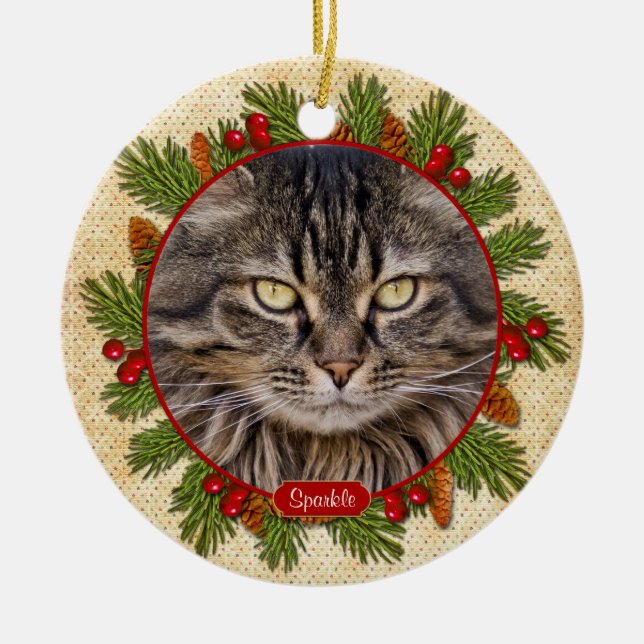 Pet Cat Memorial Gräs Boughs Holly Photo jul Julgransprydnad Keramik (Framsidan)