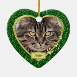 Pet Cat Memorial Grönt Guld Heart Photo jul Julgransprydnad Keramik
