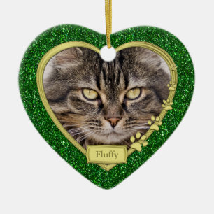 Pet Cat Memorial Grönt Guld Heart Photo jul Julgransprydnad Keramik