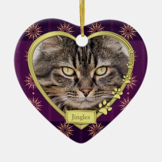 Pet Cat Memorial Lila Guld Heart Photo jul Julgransprydnad Keramik (Framsidan)