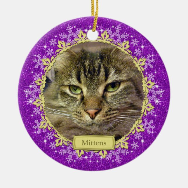 Pet Cat Memorial Lila Snowflake Photo jul Julgransprydnad Keramik (Framsidan)