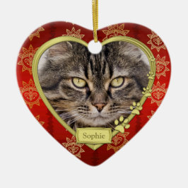 Pet Cat Memorial Red Guld Heart Photo jul Julgransprydnad Keramik
