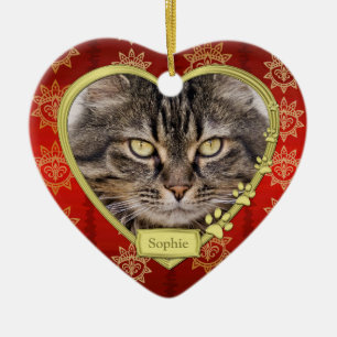 Pet Cat Memorial Red Guld Heart Photo jul Julgransprydnad Keramik