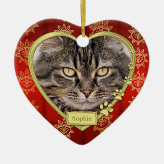 Pet Cat Memorial Red Guld Heart Photo jul Julgransprydnad Keramik