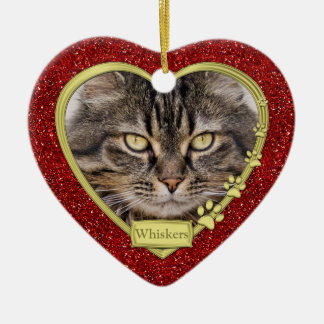 Pet Cat Memorial Red Guld Heart Photo jul Julgransprydnad Keramik