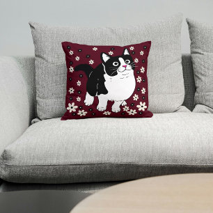 Pet Cat on Cute White Black Burgundy Kudde