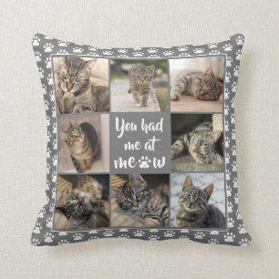 Pet Cat Photo Collage Paw Skriv ut Mönster Grått Kudde