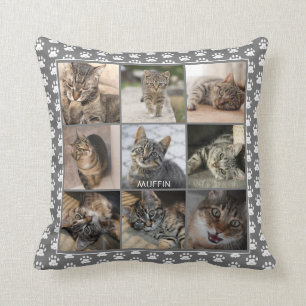 Pet Cat Photo Collage Paw Skriv ut Mönster Grått N Kudde