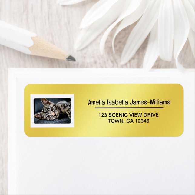 Pet Cat Photo Elegant Modern Returadress Golden Returadress Etikett (Insitu)