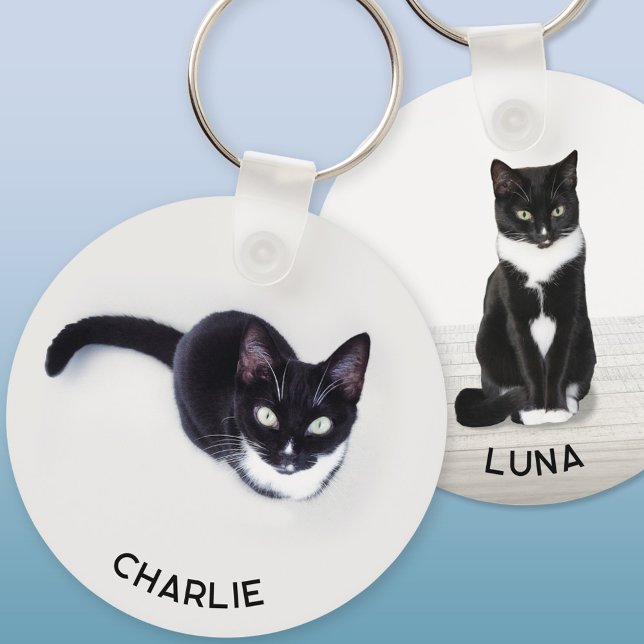 Pet Cat Two Photo Personalized Nyckelring (Personalized custom name pet cat double sided two photo keychain for animal lovers)